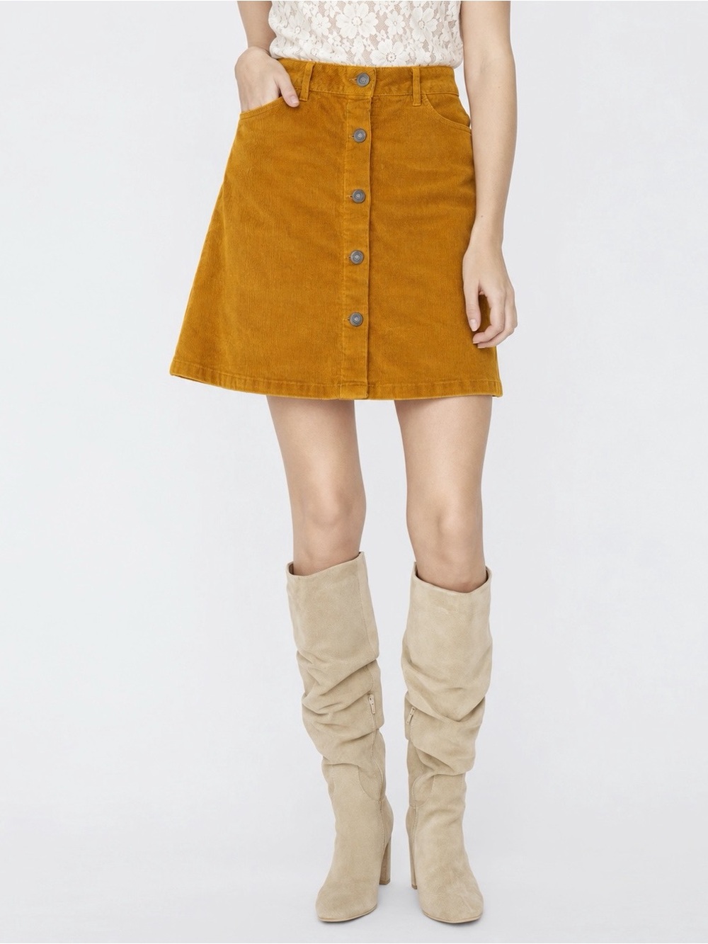 Noisy May Woman Mustard Yellow Button Front Skirt MEDIUM Classic Folk Boho